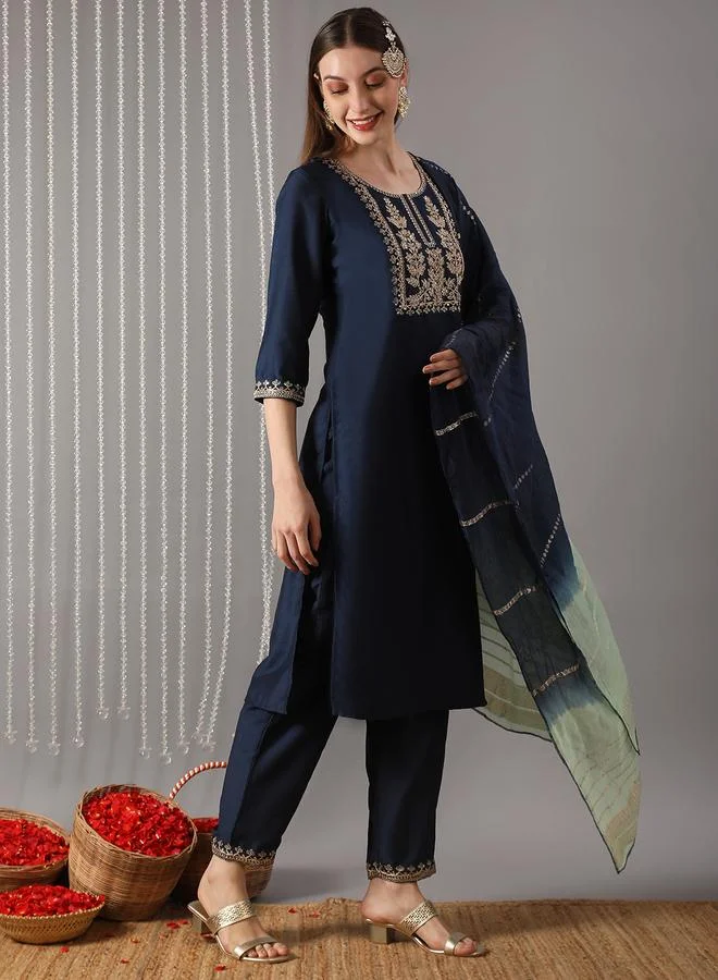 globus Women Blue Round Embroidered Yoke Kurta with Pant and Ombre Dupatta Set